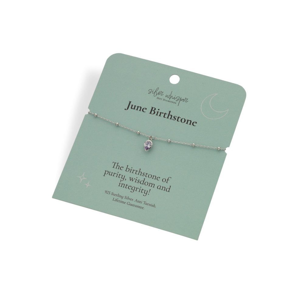 Bracelet on a green card with 'June Birthstone' text