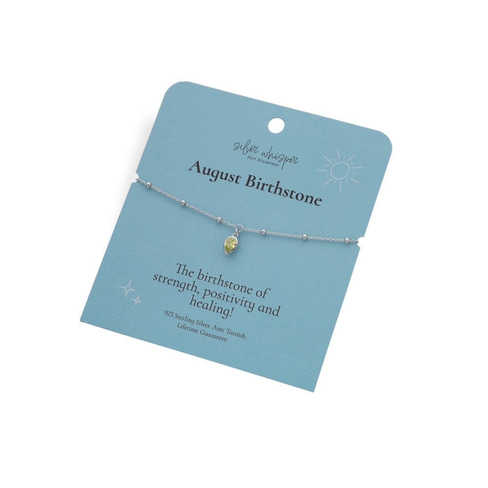August birthstone bracelet on a blue card with text