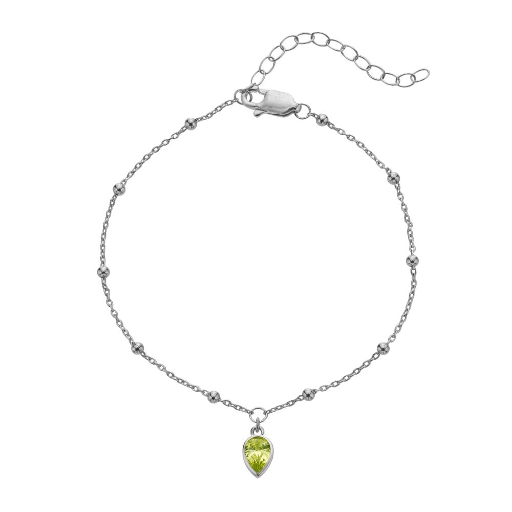 Silver bracelet with a green teardrop pendant