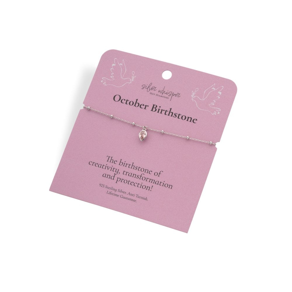 Silver bracelet on a pink card with text about October birthstone