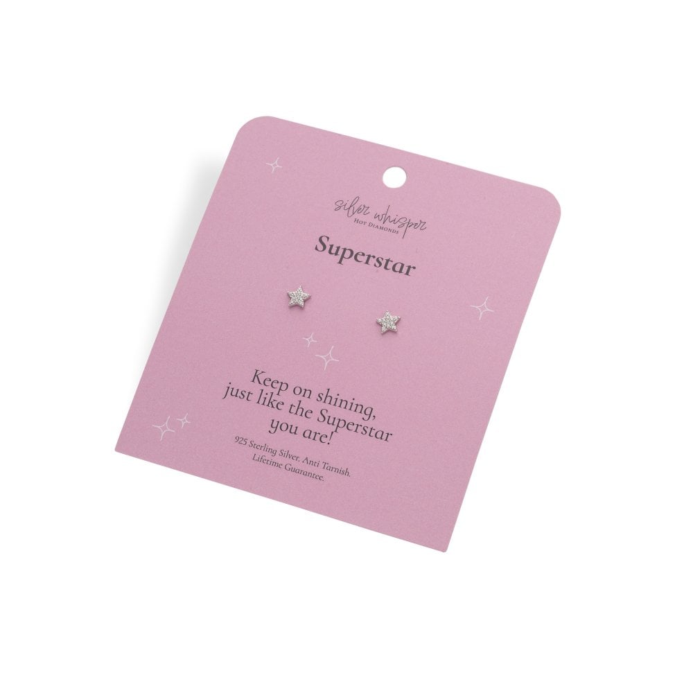Star-shaped earrings on a pink card with text and branding.