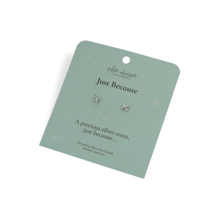 Pair of silver earrings on a 'Just Because' card with text