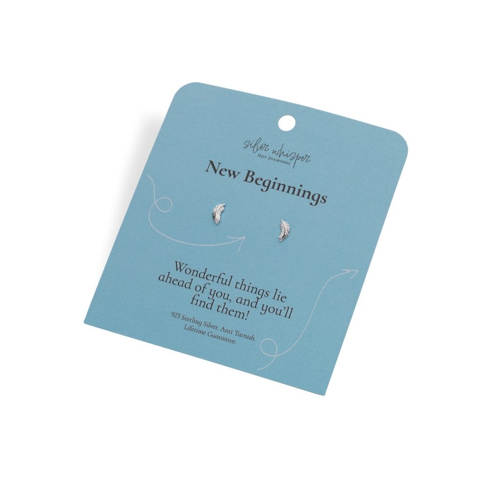 Earring card with 'New Beginnings' text and earrings on a light blue background
