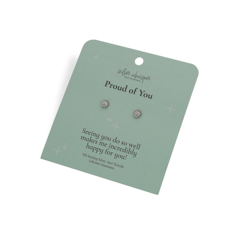 Pair of earrings on a 'Proud of You' card with text and branding.