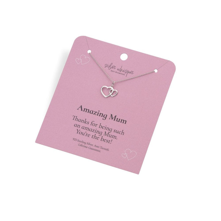 Necklace with interlocking heart pendants on a pink card with 'Amazing Mum' message