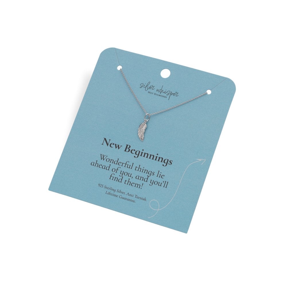 Necklace on a blue card with 'New Beginnings' message