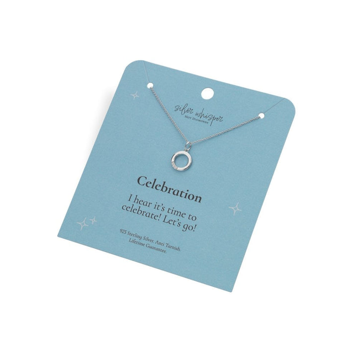 Necklace on a blue card with 'Celebration' text and Oliver Bonas branding.