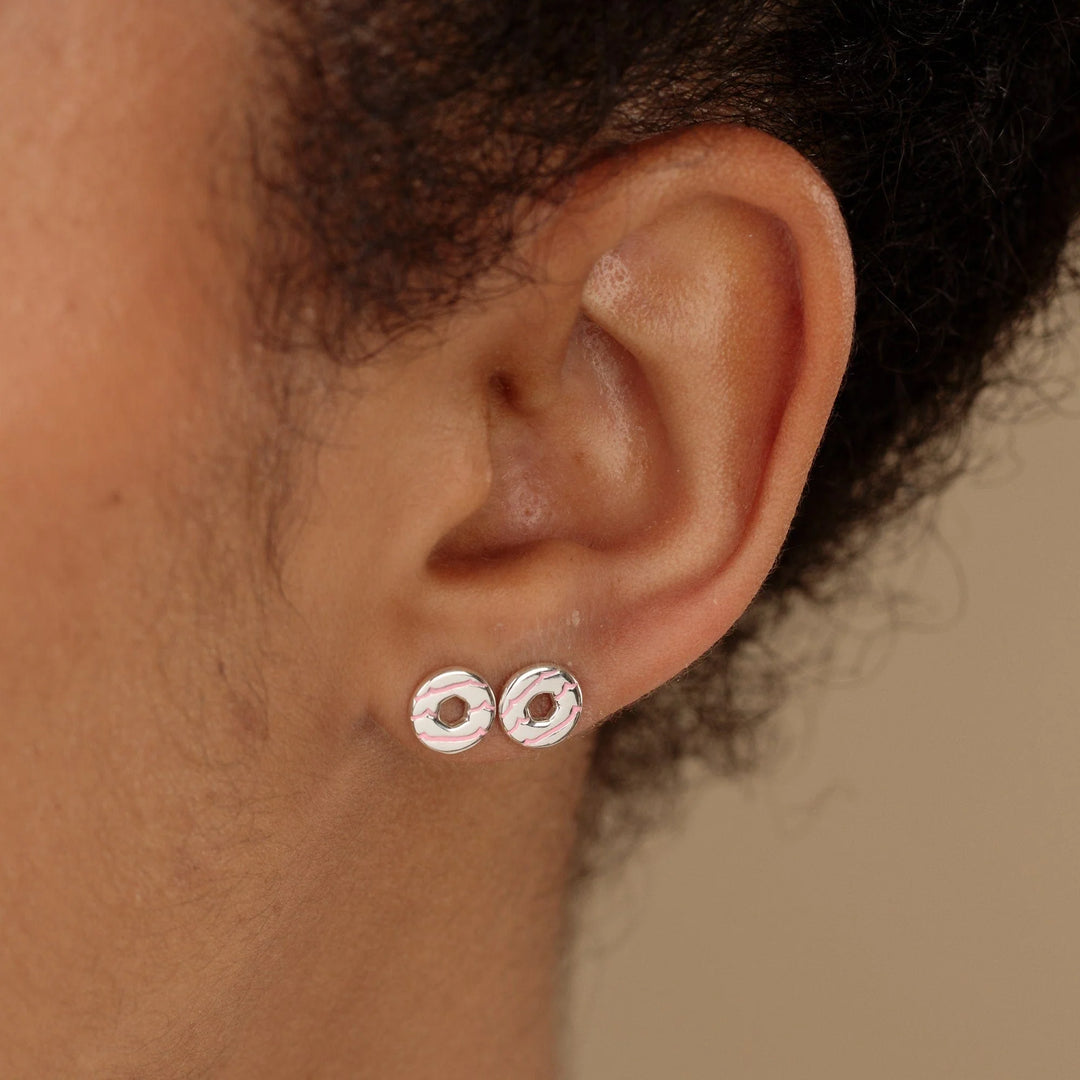 Silver Party Ring Biscuit Stud Earrings with Pink Enamel SESPPR