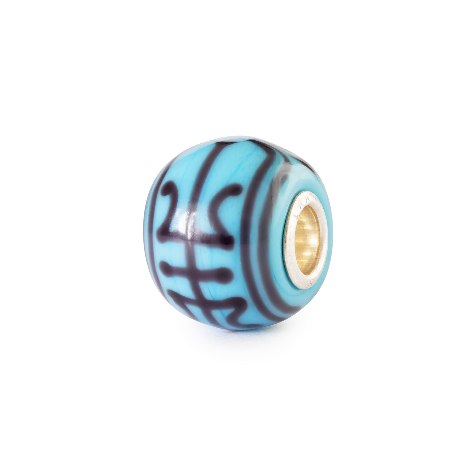 Blue glass bead with gold core on a white background