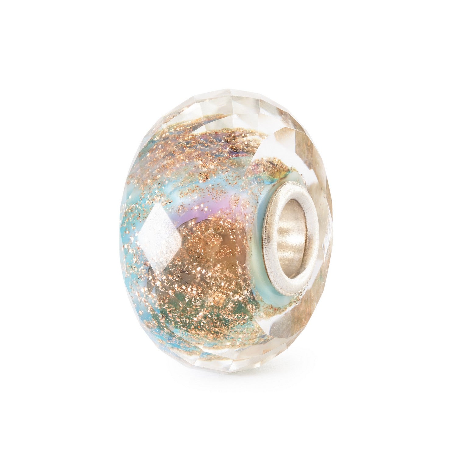 Glass bead charm with metallic flecks on a white background