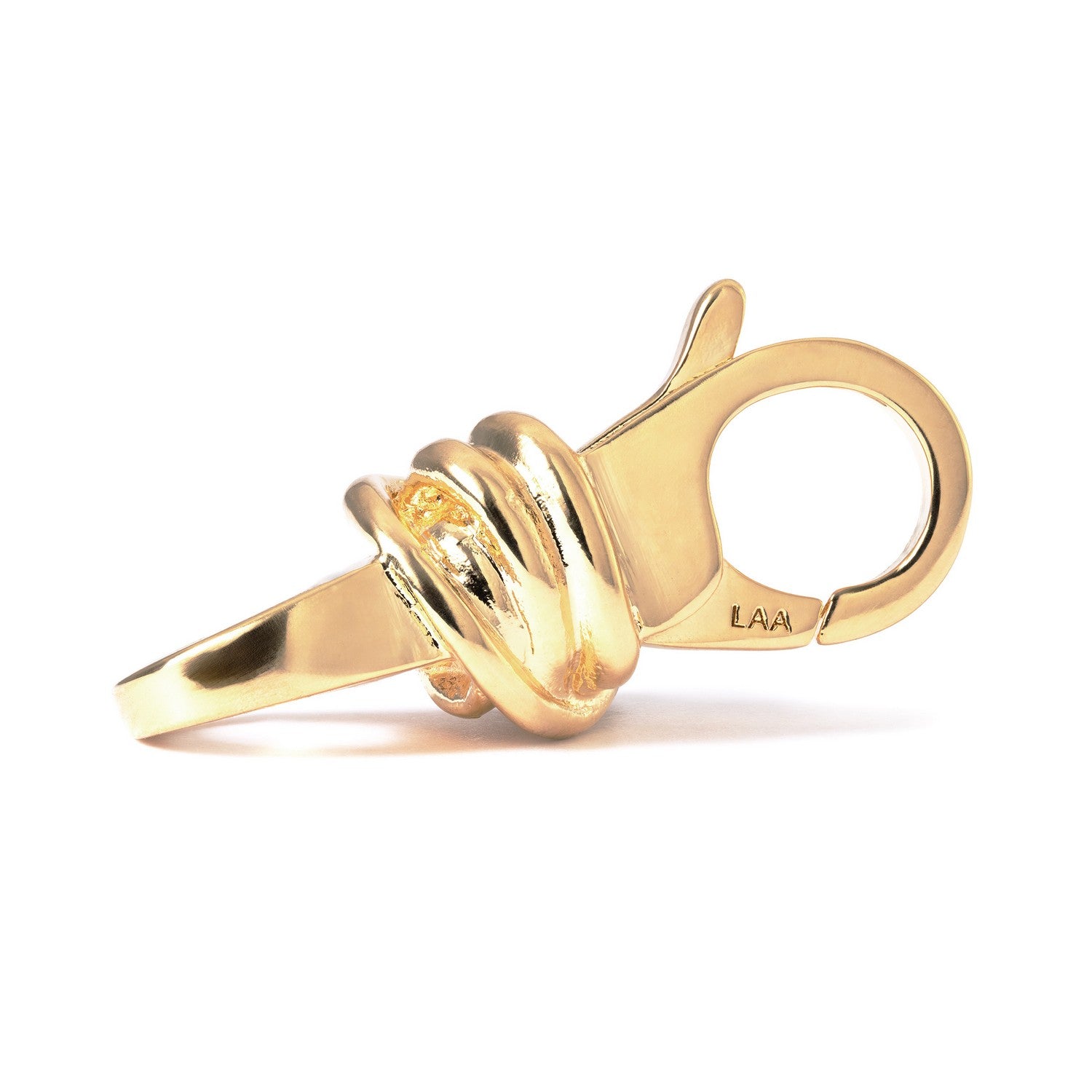 Gold ring with a lobster clasp on a white background