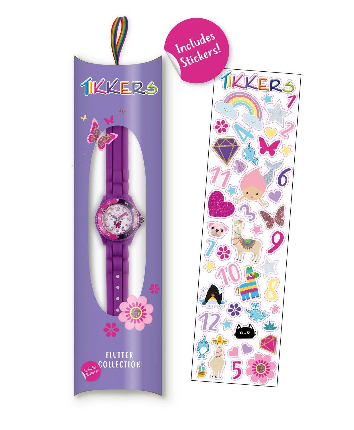 Purple children's watch with a sheet of stickers in its packaging