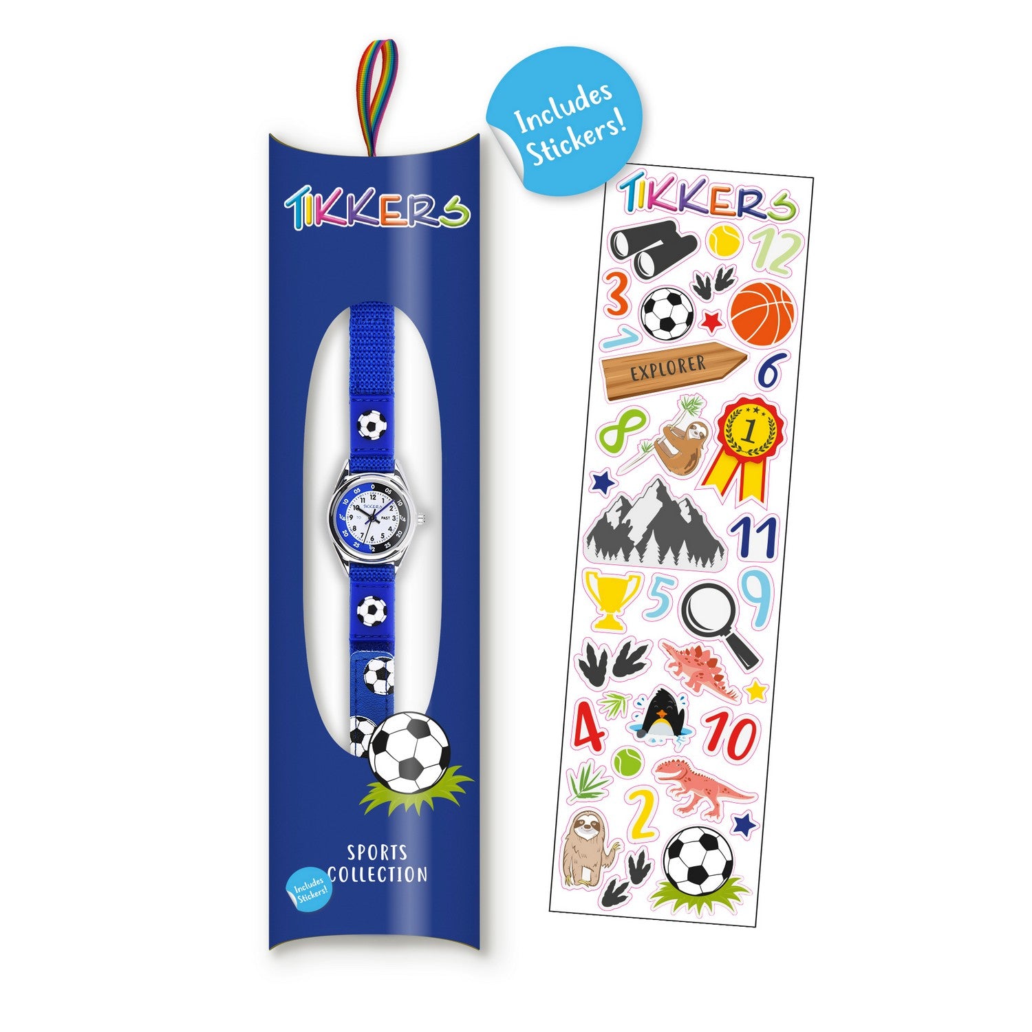 Children's watch with blue strap and sports-themed packaging including stickers on a white background
