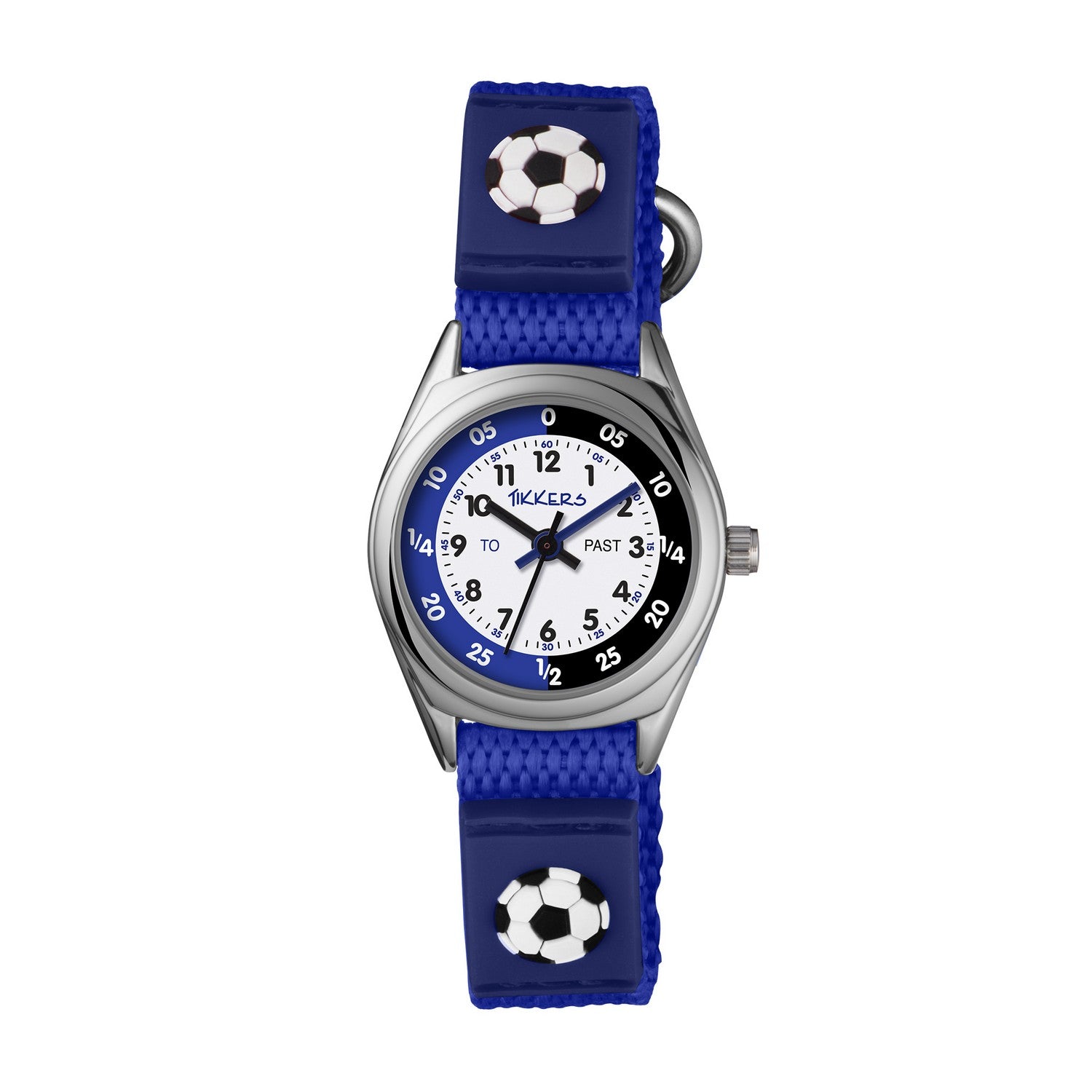 Children's watch with blue strap and soccer ball design on a white background