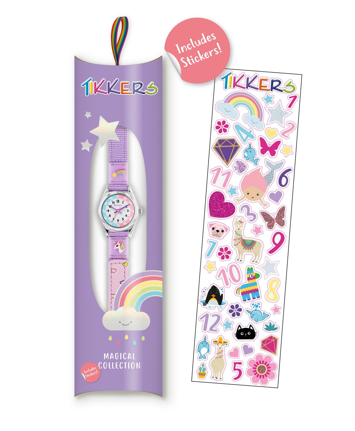 Children's watch with colorful design and included stickers on a white background