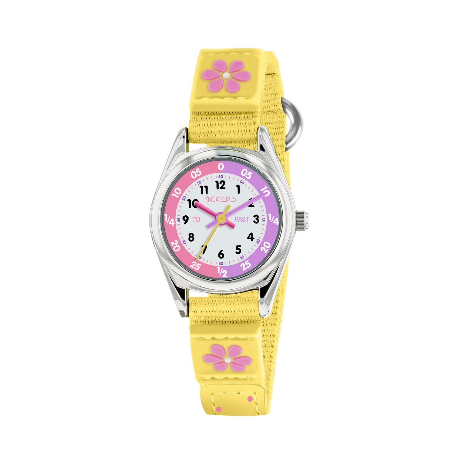 Children's watch with yellow strap and pink floral designs on a white background