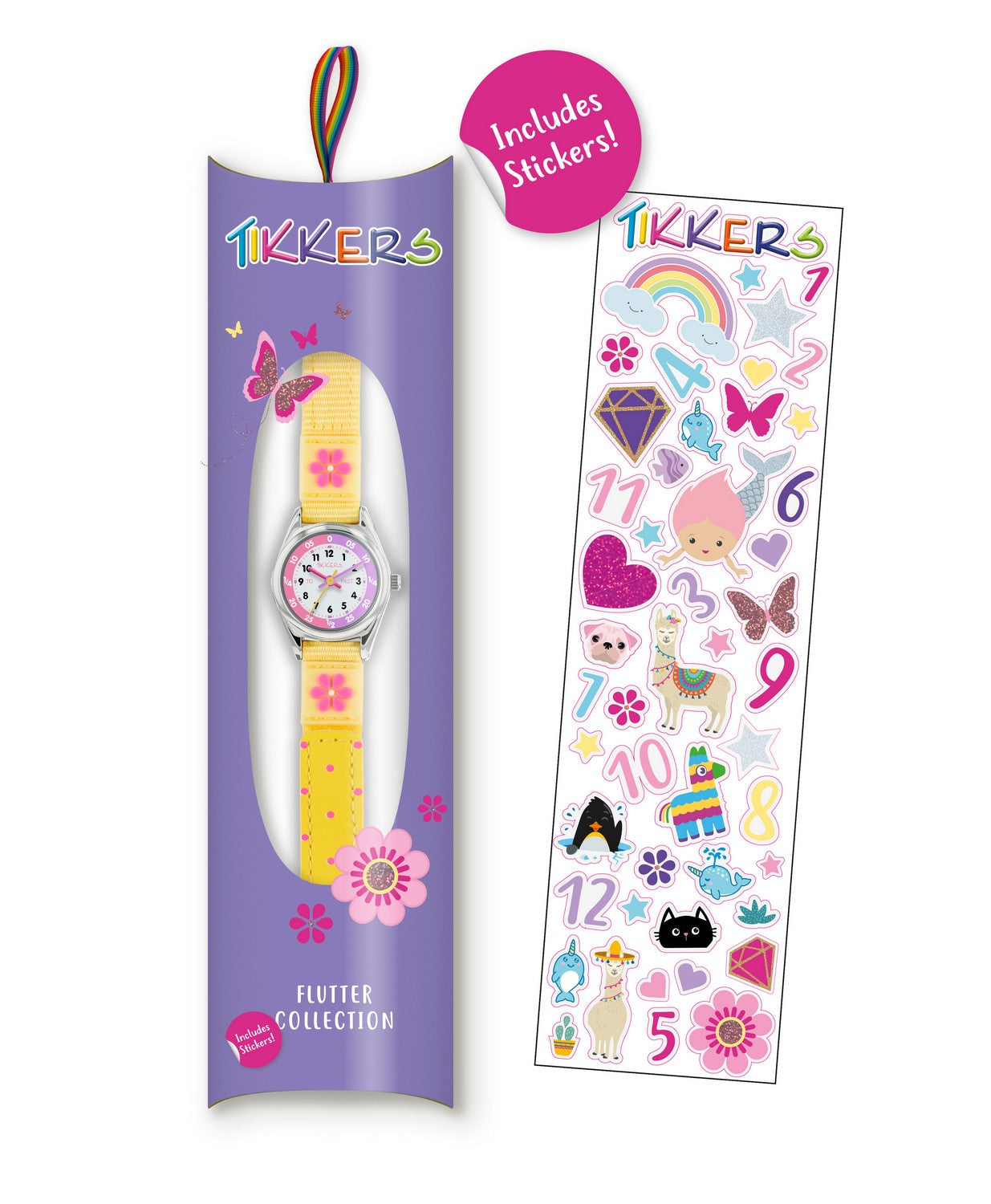 Children's watch with colorful design and included stickers in packaging