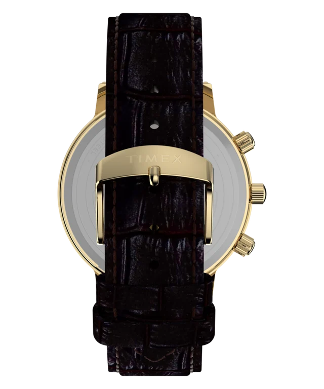 Back view of a Timex watch with a dark brown textured alligator leather strap and a gold-tone case.