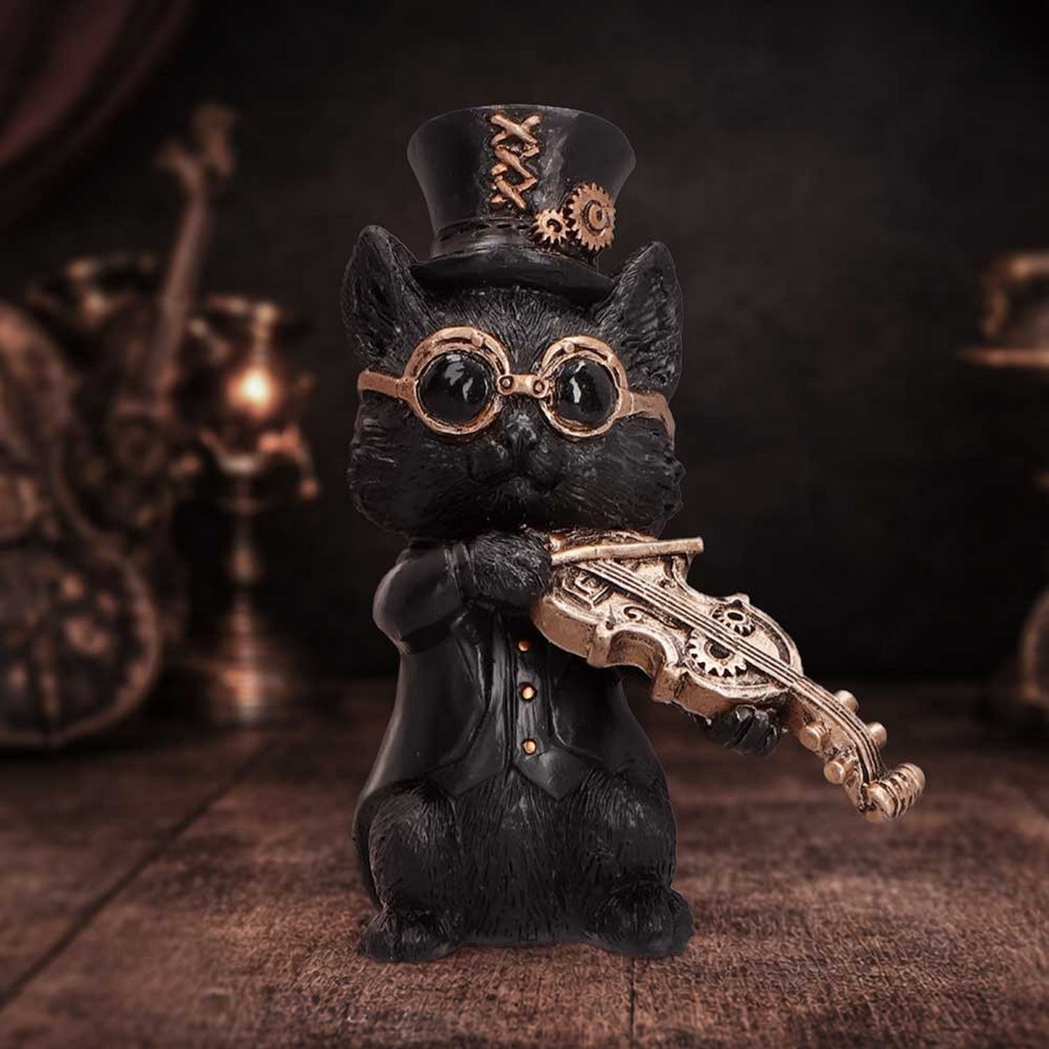 Steampunk Black Cat Playing Violin Figurine 10cm U7603B26