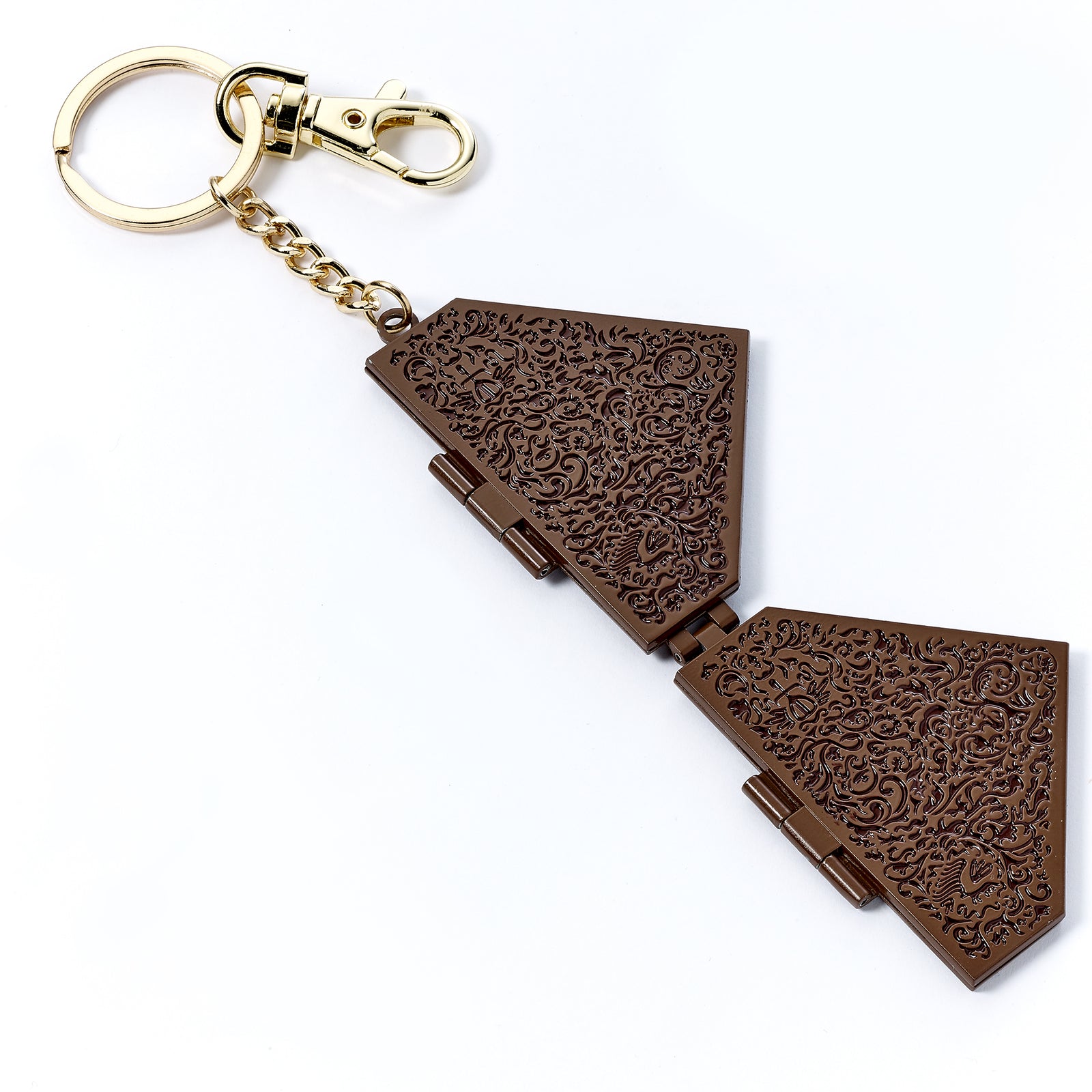 Decorative brown keychain with gold clasp on a white background