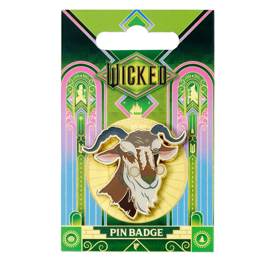 Wicked pin badge packaging with goat illustration on a colorful background