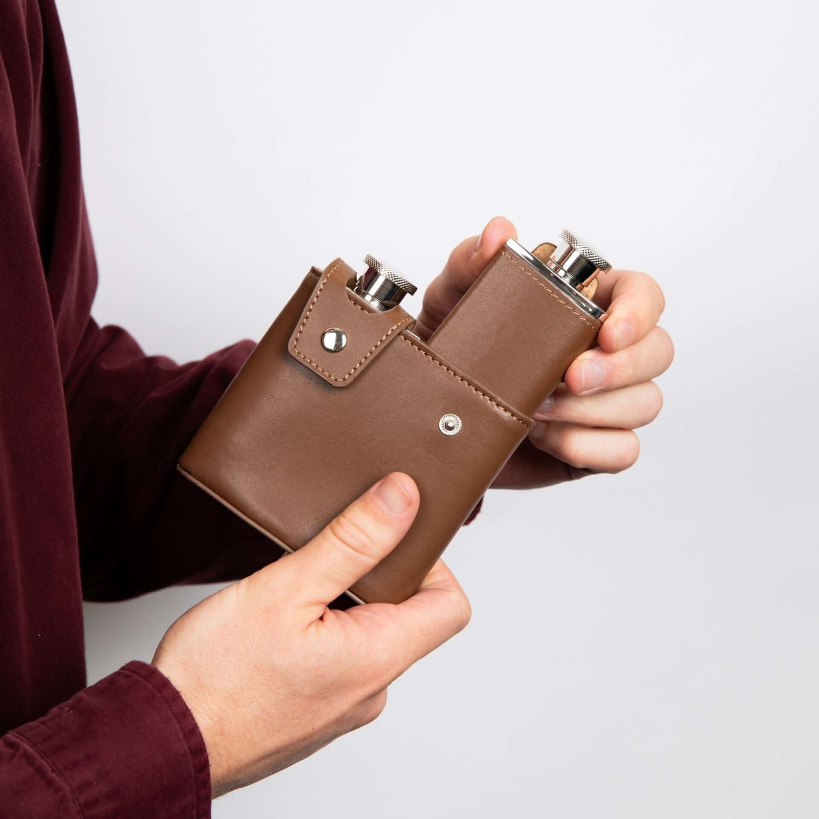 Stainless Steel Double Mini Brown Leather Hip Flask Y439