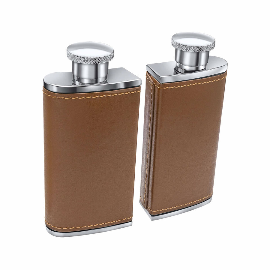 Stainless Steel Double Mini Brown Leather Hip Flask Y439