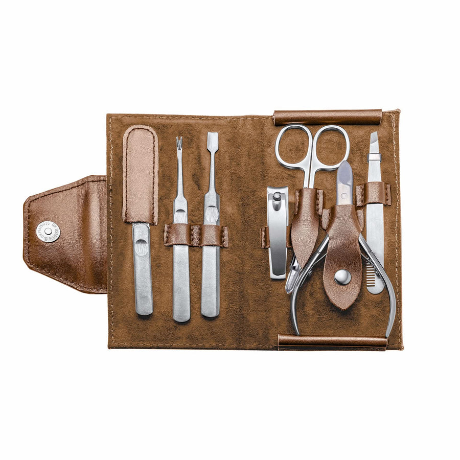 Brown Leather Stainless Steel Men's Traveling Manicure Set Y442
