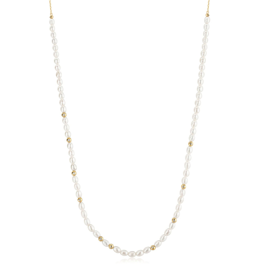 Ania Haie Gold Freshwater Pearl White Cubic Zirconia Bezel Set Slider Necklace N058-06G
