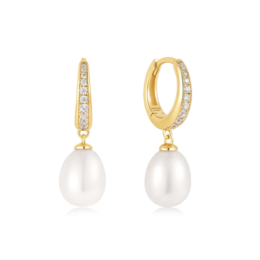 Ania Haie Gold Freshwater Pearl White Cubic Zirconia Pavé Drop Huggies E058-03G