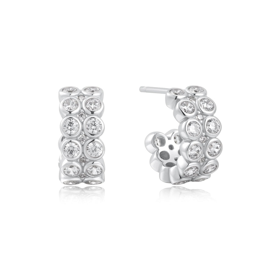 Ania Haie Silver Double Row White Cubic Zirconia Bezel Set Stud Huggies E058-04H