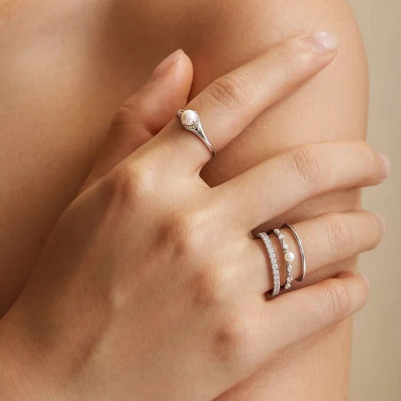 Ania Haie Silver Freshwater Pearl White Cubic Zirconia Bezel Set Ring R058-04H