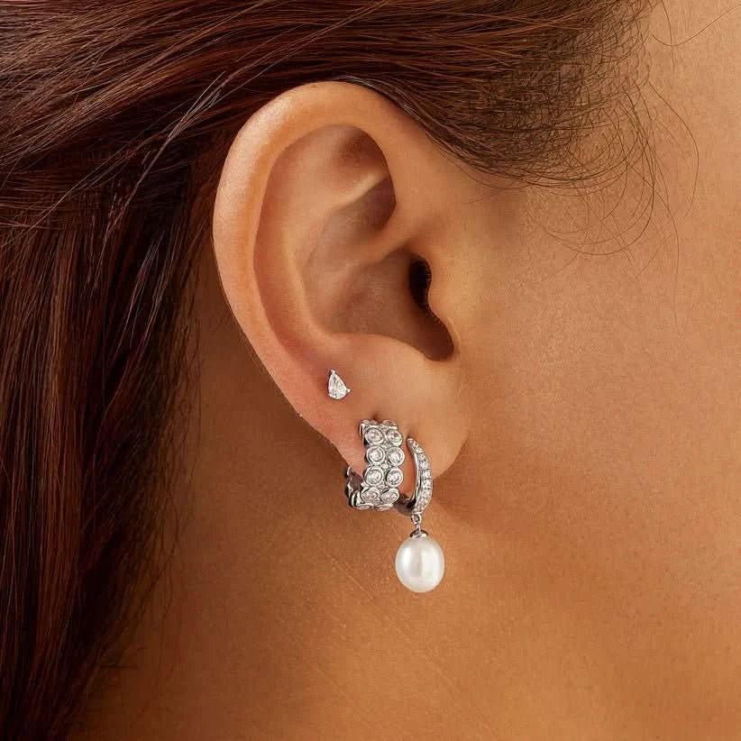 Ania Haie Silver Freshwater Pearl White Cubic Zirconia Pavé Drop Huggies E058-03H