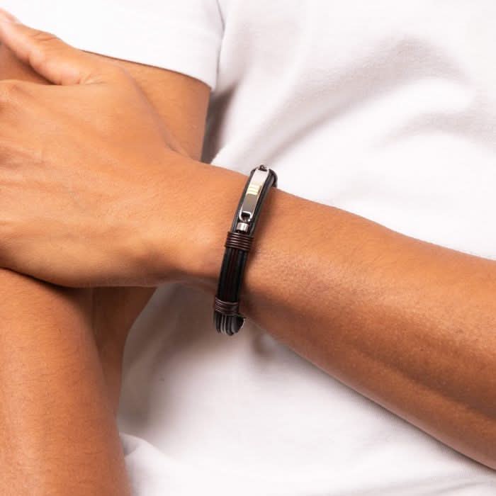ID Bar Black Leather Brown Cord Detail Bracelet B5416