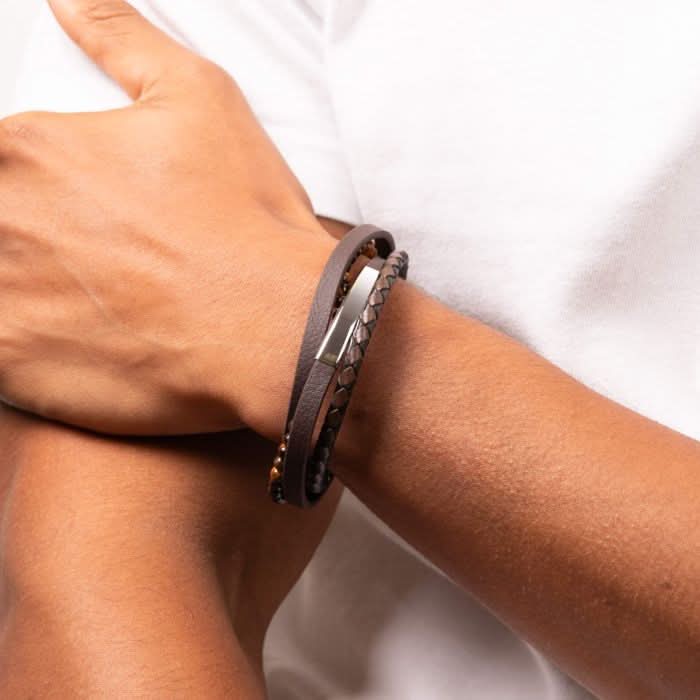 Reborn Tiger Bead Recycled Brown Leather Bracelet B5317