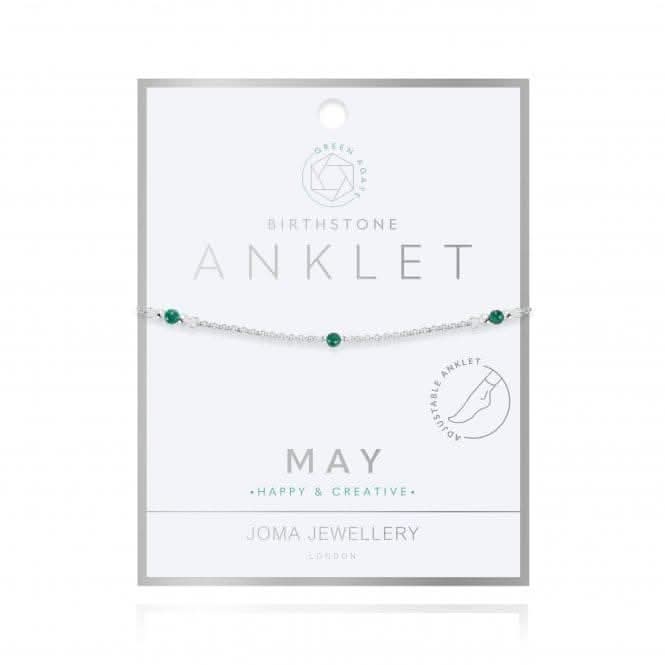 Birthstone May Green Agate Silver 26cm Adjustable Anklet 4204