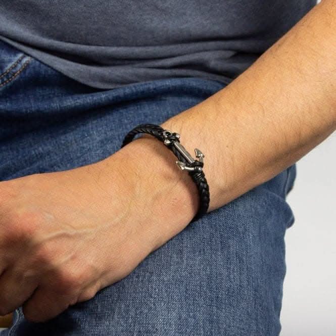 Black Leather Anchor Plated Wristwear Bracelet B5323Fred BennettB5323