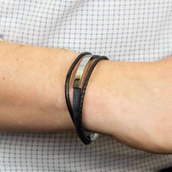 Blue Cork Black Recycled Leather Stainless Steel Bar Bracelet B5374