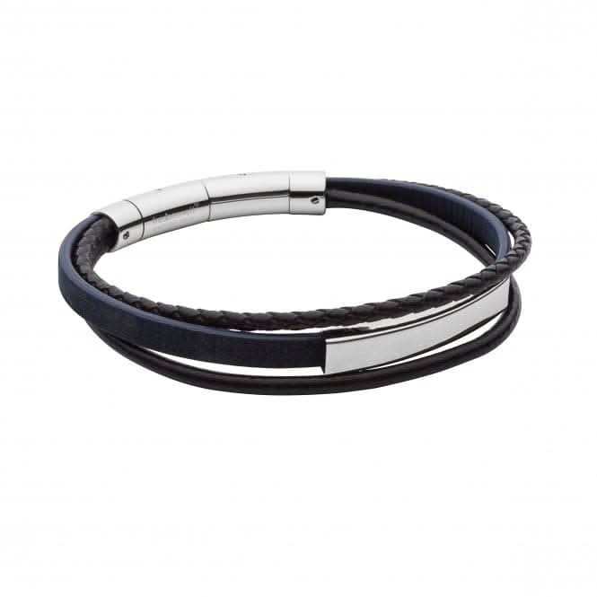 Blue Cork Black Recycled Leather Stainless Steel Bar Bracelet B5374