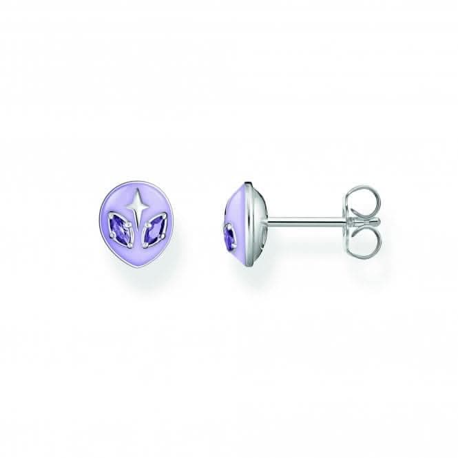 Charming Sterling Silver Enamel Zirconia Violet Alien Head Stud Earrings H2274-041-13