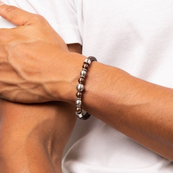 Coffee Plated Stainless Steel Beads Brown Leather Bracelet B5466