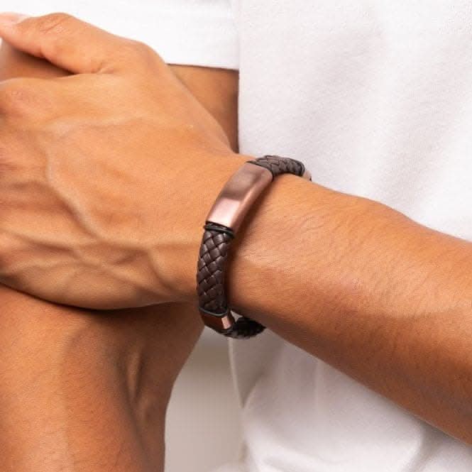 Coffee Plated Stainless Steel Brown Woven Leather Bracelet B5467