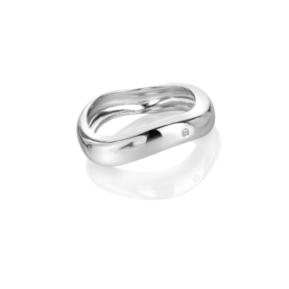 Silver ring with a small diamond on a white background