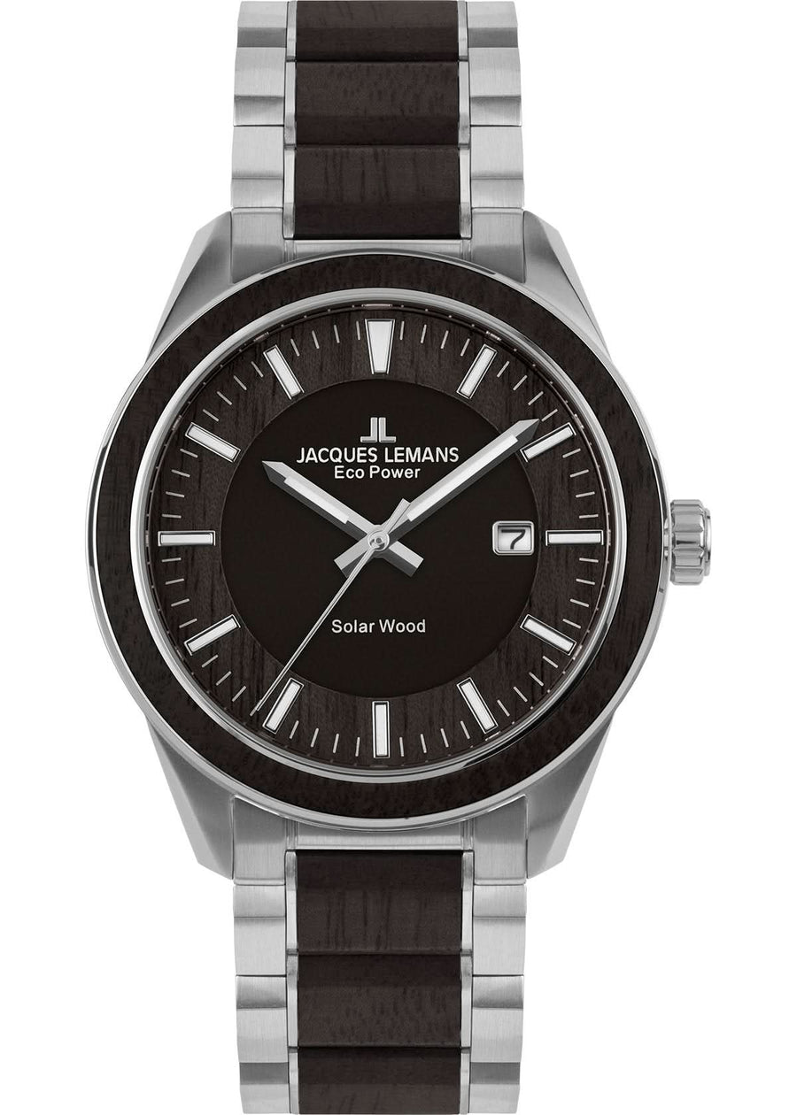 Eco Power Solar Wood Stainless Steel Men's Bracelet Watch