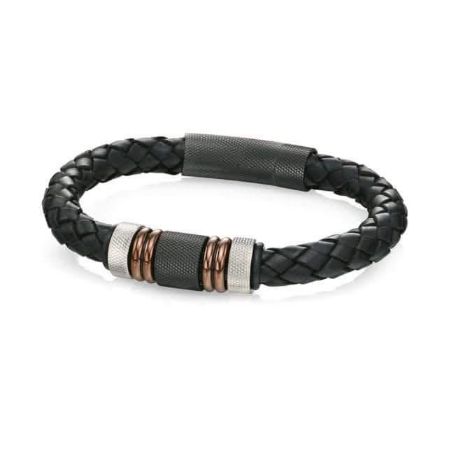 Fred Bennett Stainless Steel Black Leather Woven Bracelet B4377