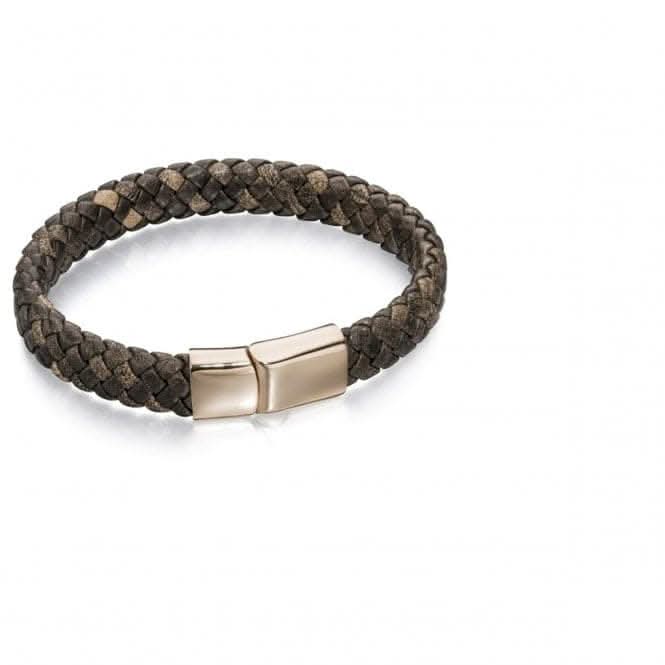 Fred Bennett Stainless Steel Wide Plaited Brown Leather Rose Bracelet B4685