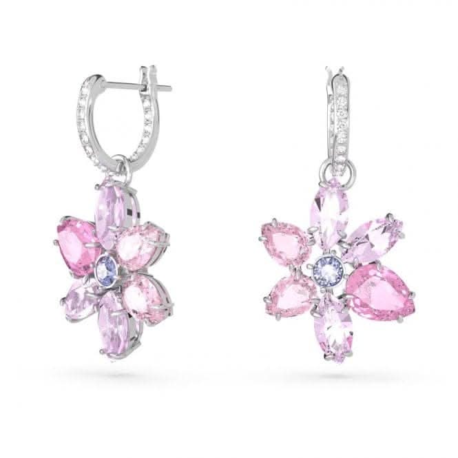 Gema Rhodium Plated Pink Flower Hoop Earrings 5658397
