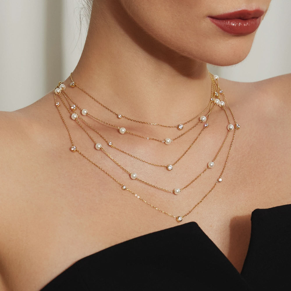 Gold Shell Pearl Station Chain Necklace N065-03G