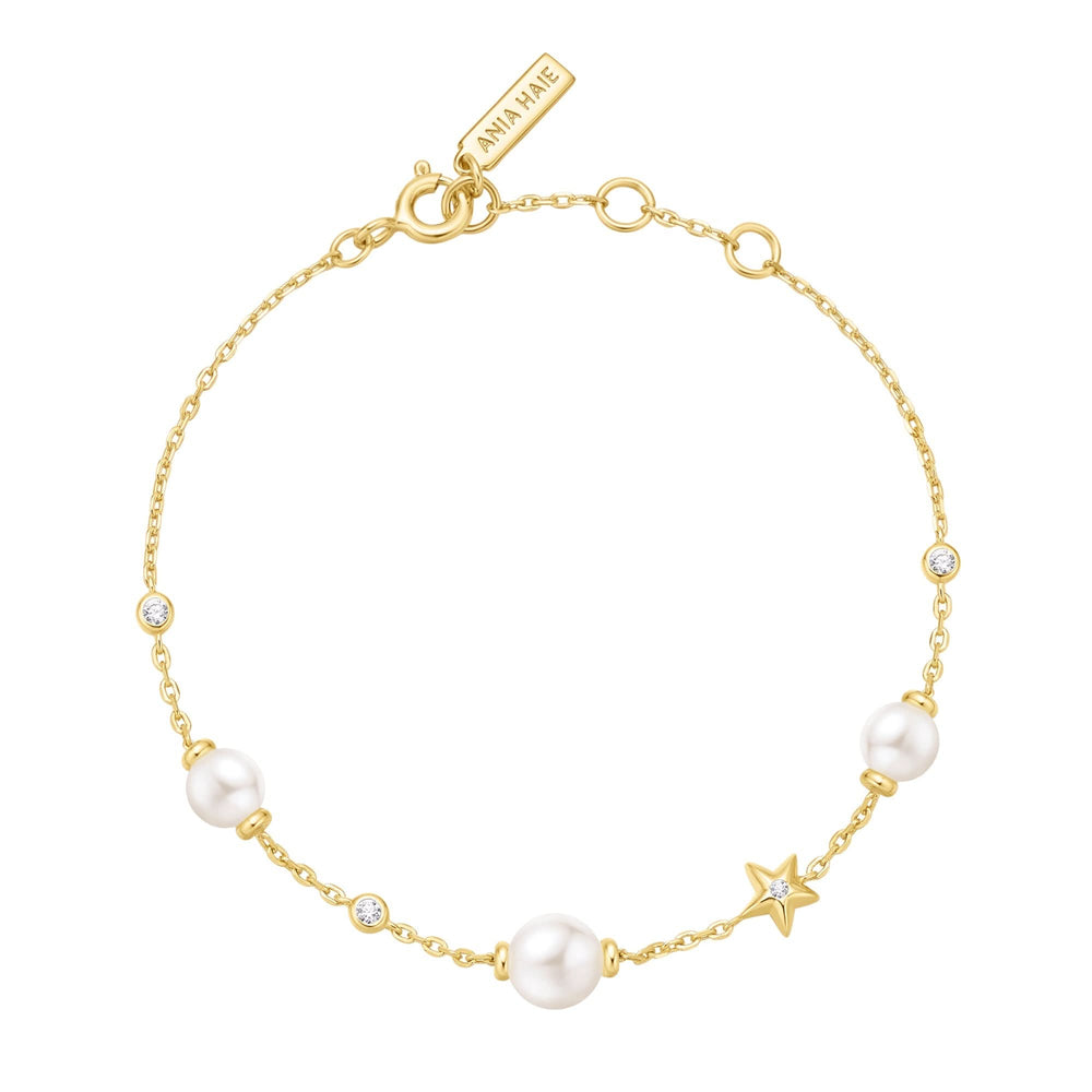 Gold Pearl and Star Station Bracelet B065-05G