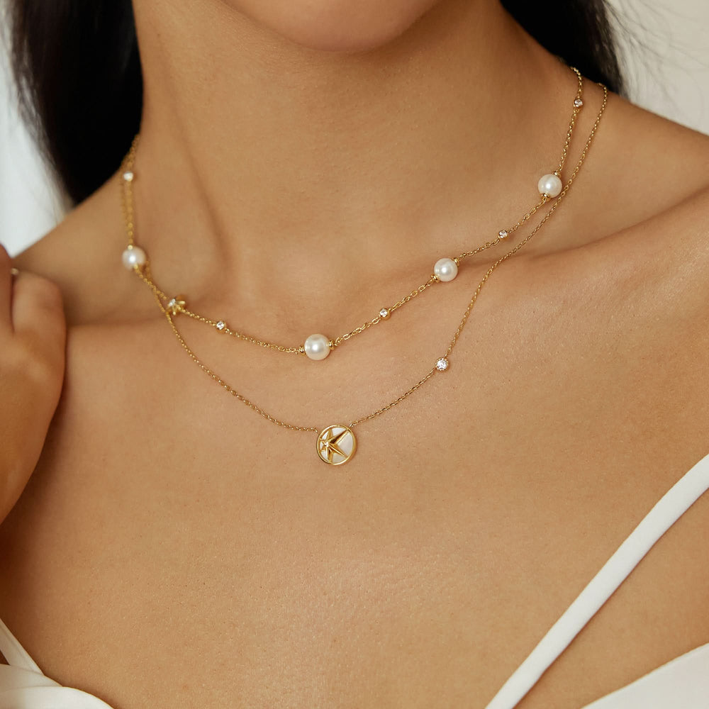 Gold Pearl and Star Station Necklace N065-09G